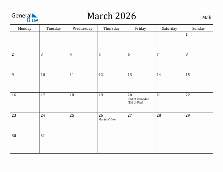 March 2026 Calendar Mali