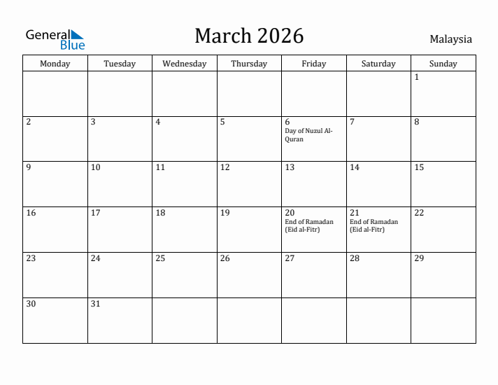 March 2026 Calendar Malaysia