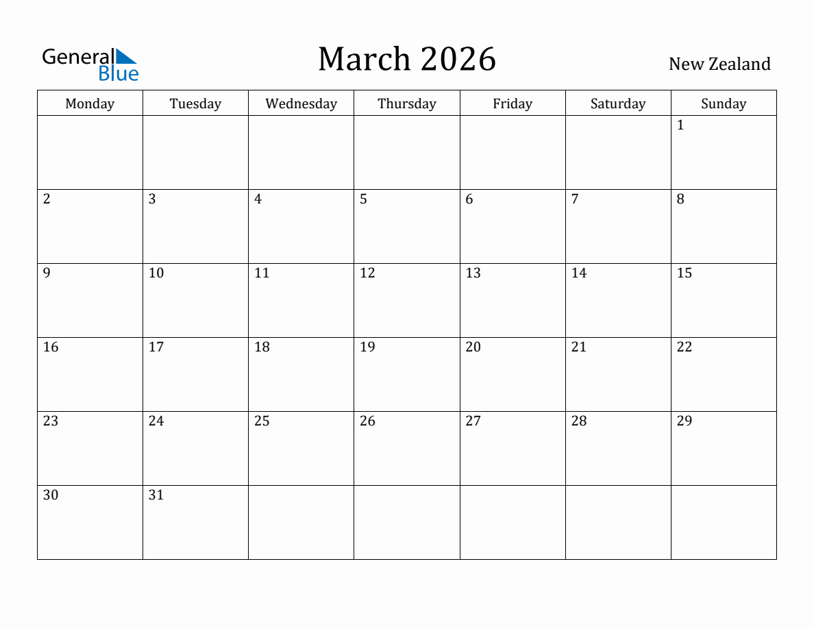 New Zealand Monthly Calendar - March (Monday Start) New Zealand Monthly Calendar - March (Monday Start)