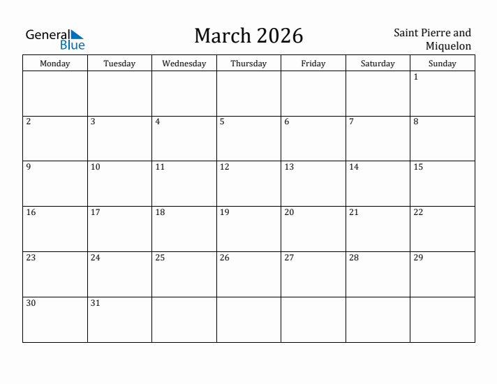 March 2026 Calendar Saint Pierre and Miquelon