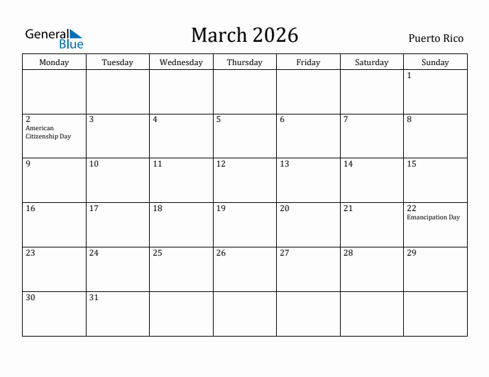 March 2026 Calendar Puerto Rico