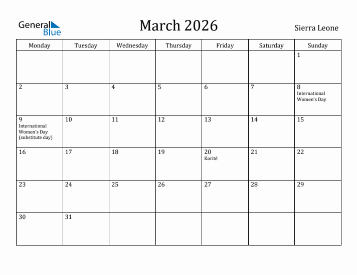 March 2026 Calendar Sierra Leone