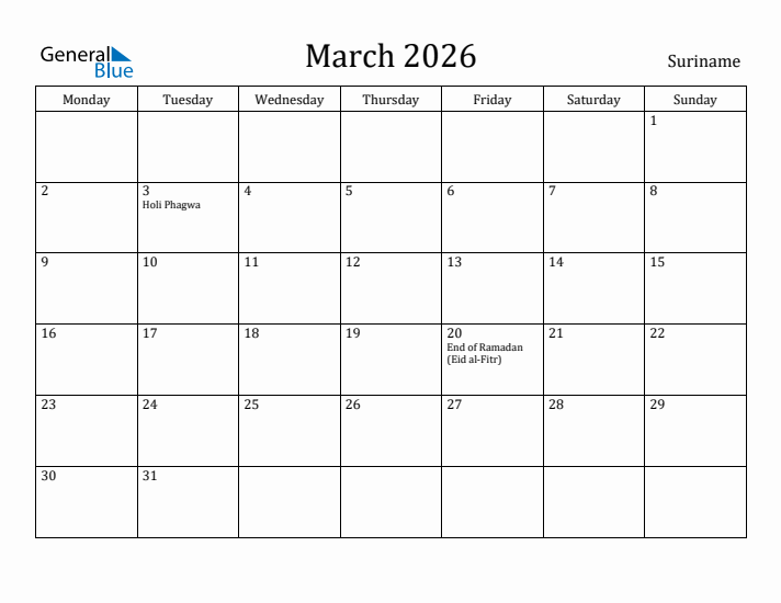 March 2026 Calendar Suriname
