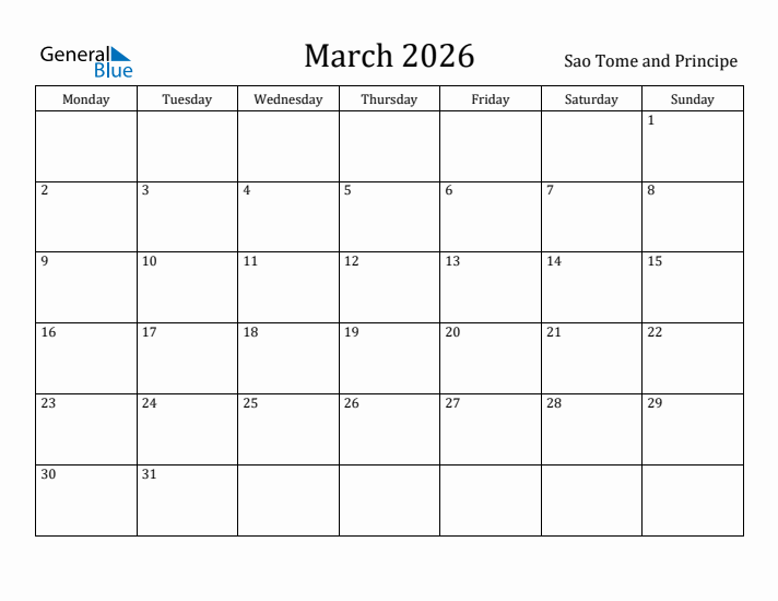 March 2026 Calendar Sao Tome and Principe