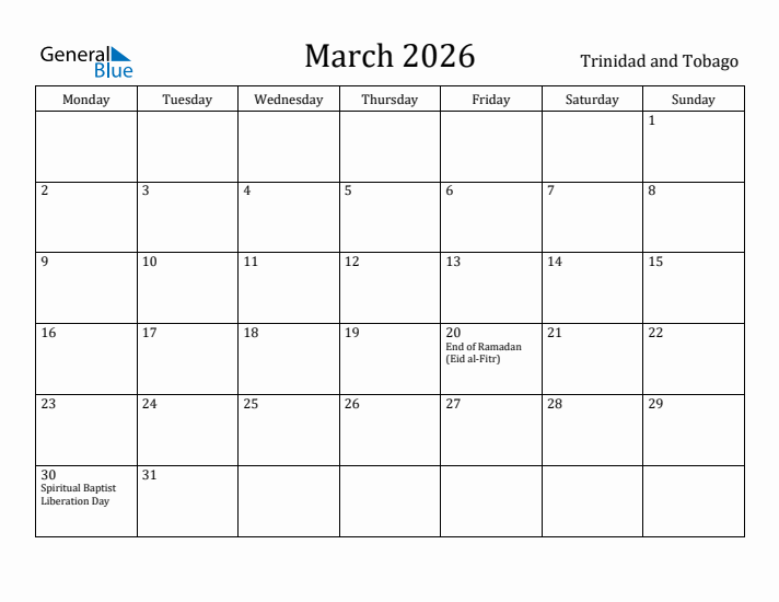 March 2026 Calendar Trinidad and Tobago