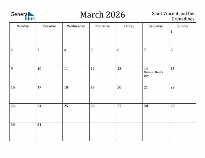 March 2026 Calendar Saint Vincent and the Grenadines