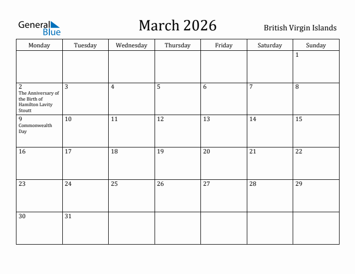 March 2026 Calendar British Virgin Islands