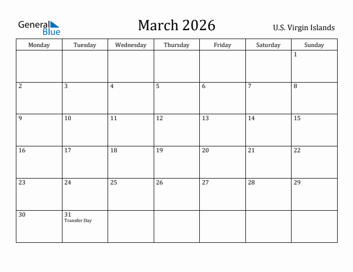 March 2026 Calendar U.S. Virgin Islands