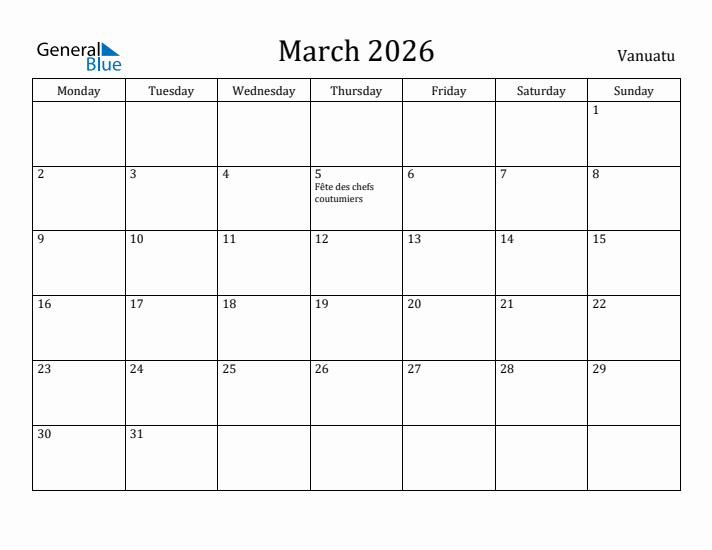 March 2026 Calendar Vanuatu