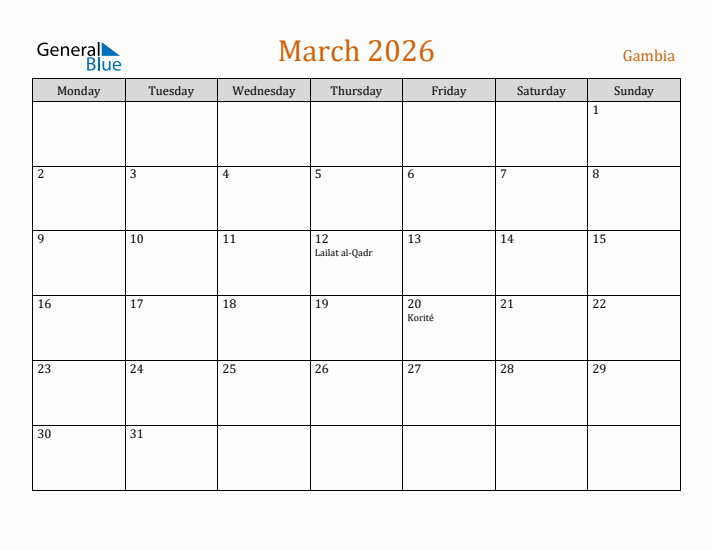 March 2026 Holiday Calendar with Monday Start