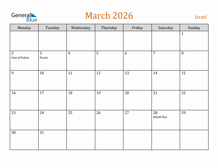 March 2026 Holiday Calendar with Monday Start