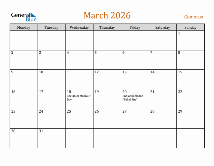March 2026 Holiday Calendar with Monday Start
