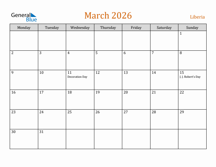 March 2026 Holiday Calendar with Monday Start