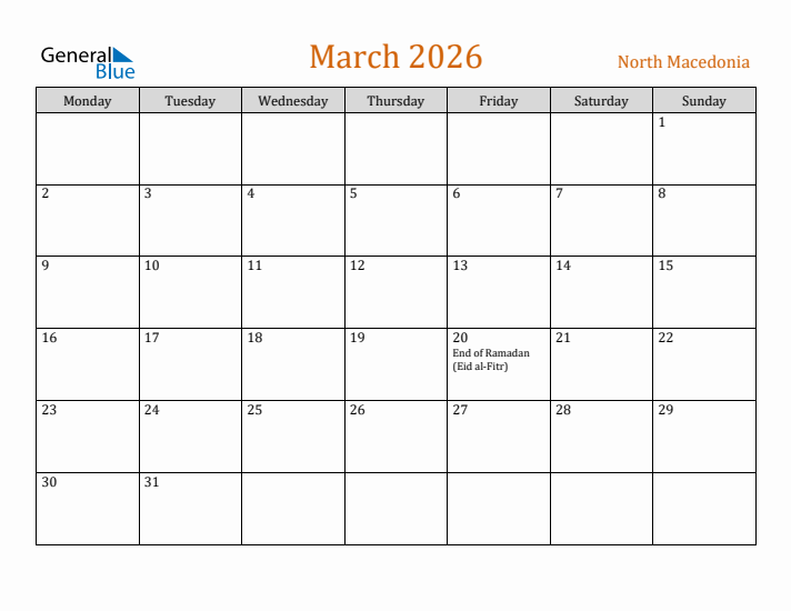 March 2026 Holiday Calendar with Monday Start