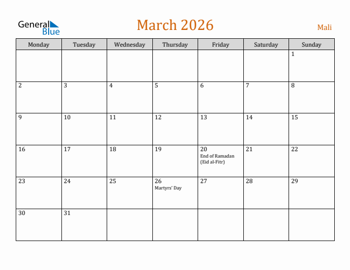 March 2026 Holiday Calendar with Monday Start