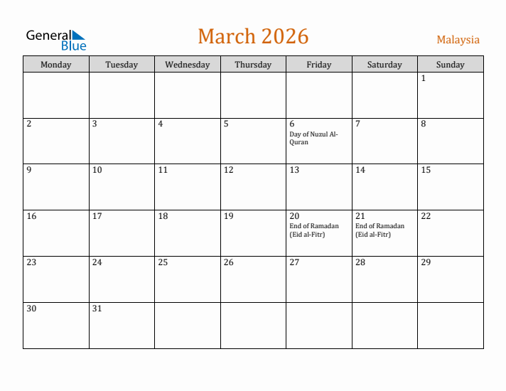 March 2026 Holiday Calendar with Monday Start