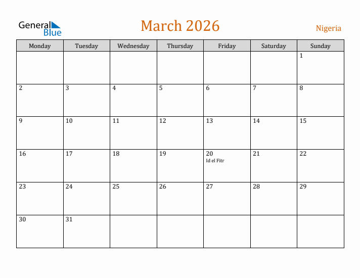 March 2026 Holiday Calendar with Monday Start