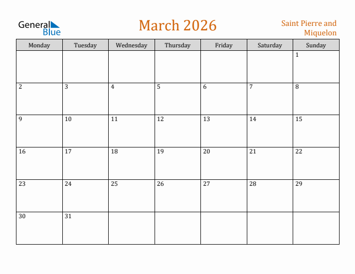 March 2026 Holiday Calendar with Monday Start