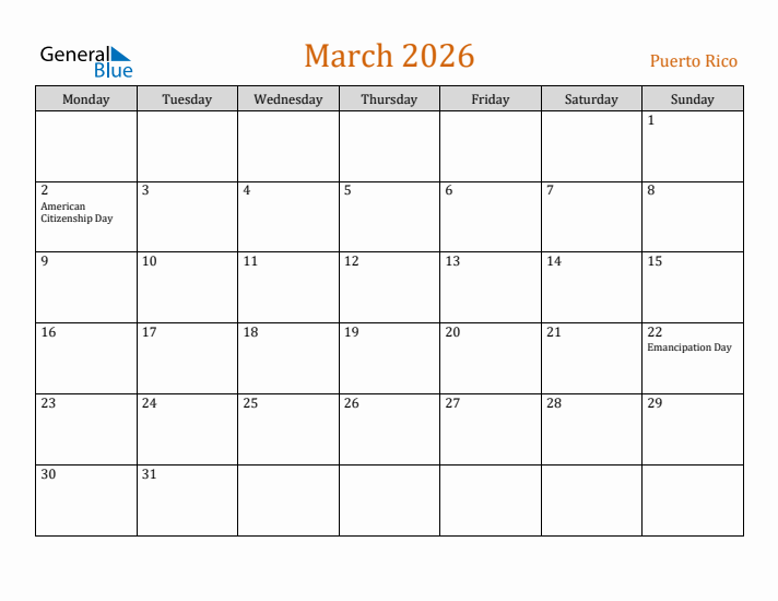 March 2026 Holiday Calendar with Monday Start