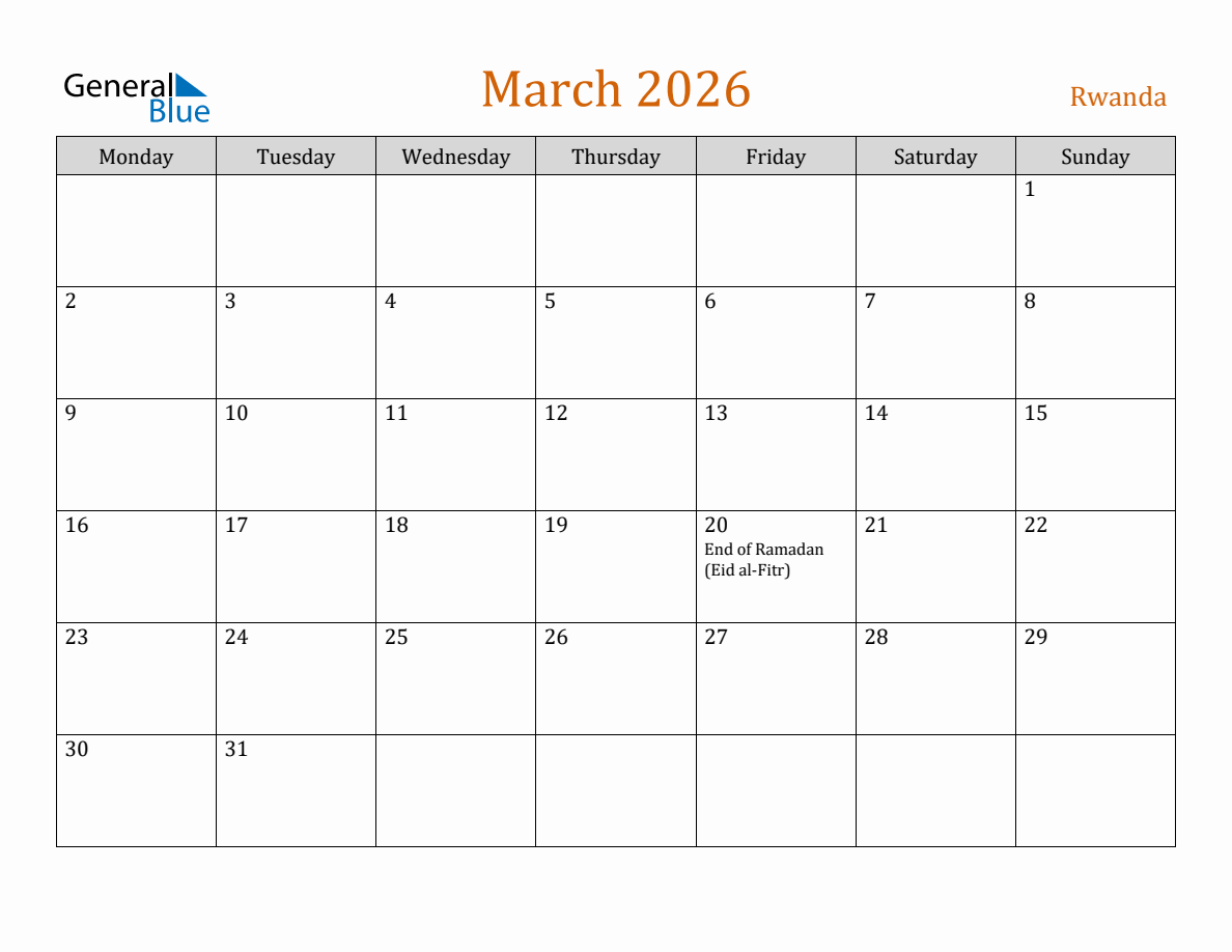 Free March 2026 Rwanda Calendar
