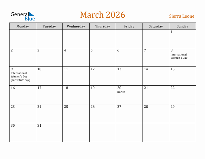 March 2026 Holiday Calendar with Monday Start