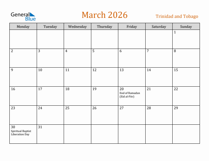 March 2026 Holiday Calendar with Monday Start