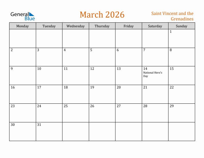 March 2026 Holiday Calendar with Monday Start