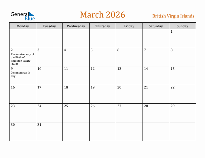 March 2026 Holiday Calendar with Monday Start