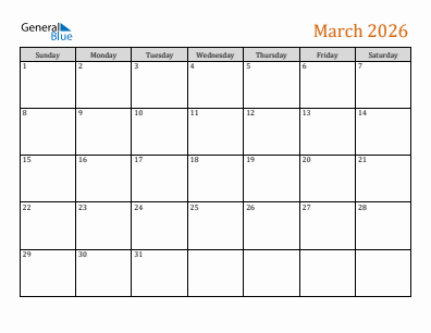 Next month calendar March 2026