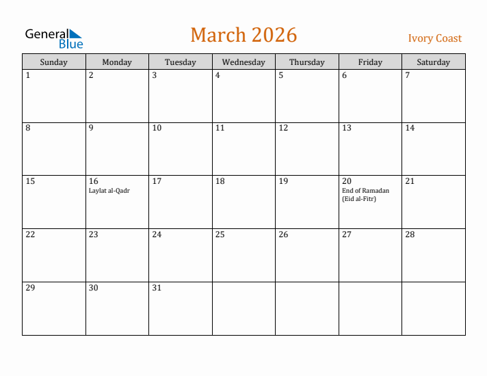 March 2026 Holiday Calendar with Sunday Start