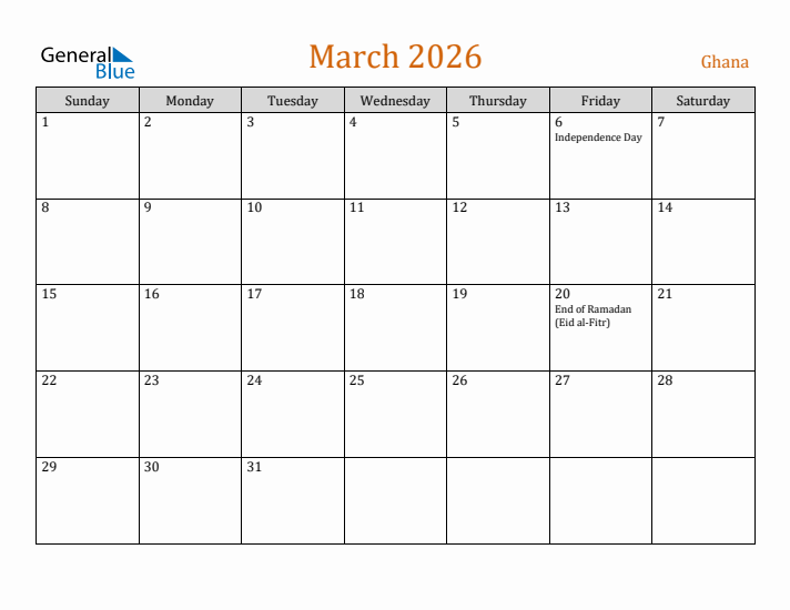 March 2026 Holiday Calendar with Sunday Start
