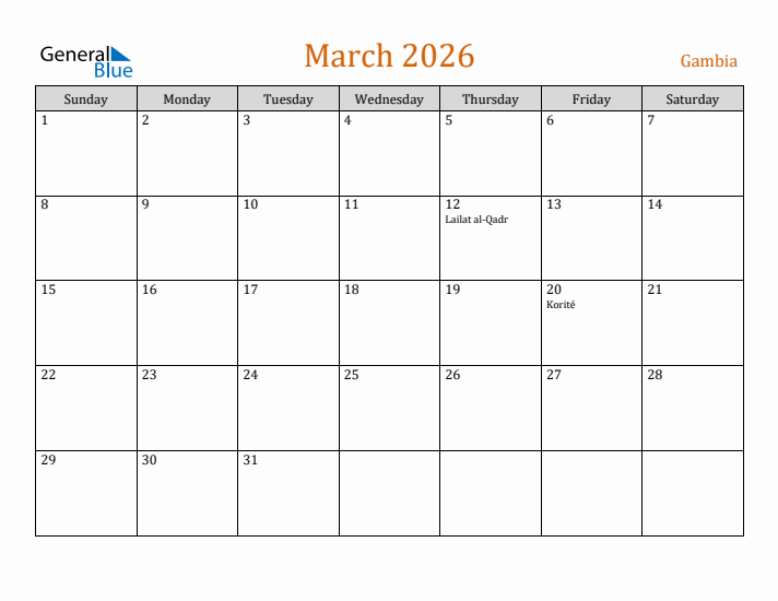 March 2026 Holiday Calendar with Sunday Start