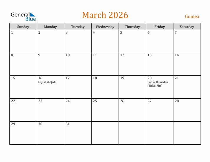 March 2026 Holiday Calendar with Sunday Start