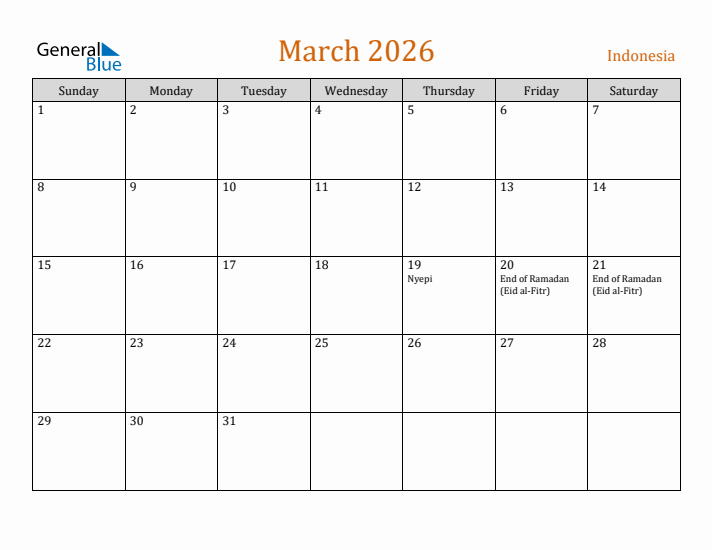 March 2026 Holiday Calendar with Sunday Start