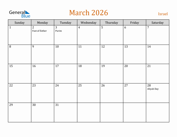 March 2026 Holiday Calendar with Sunday Start