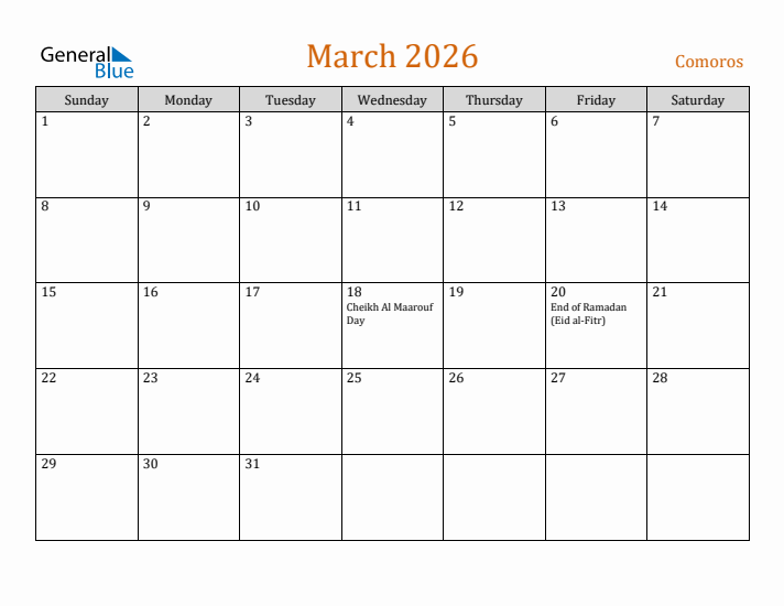 March 2026 Holiday Calendar with Sunday Start