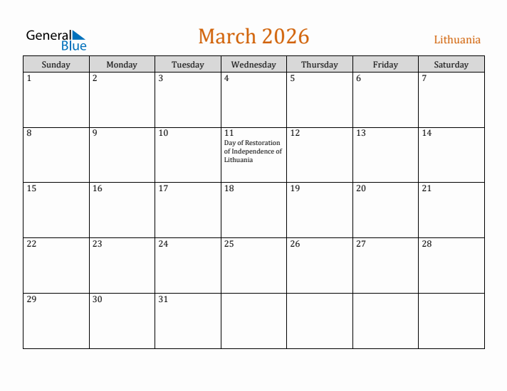 March 2026 Holiday Calendar with Sunday Start