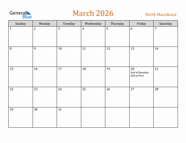 March 2026 Holiday Calendar with Sunday Start