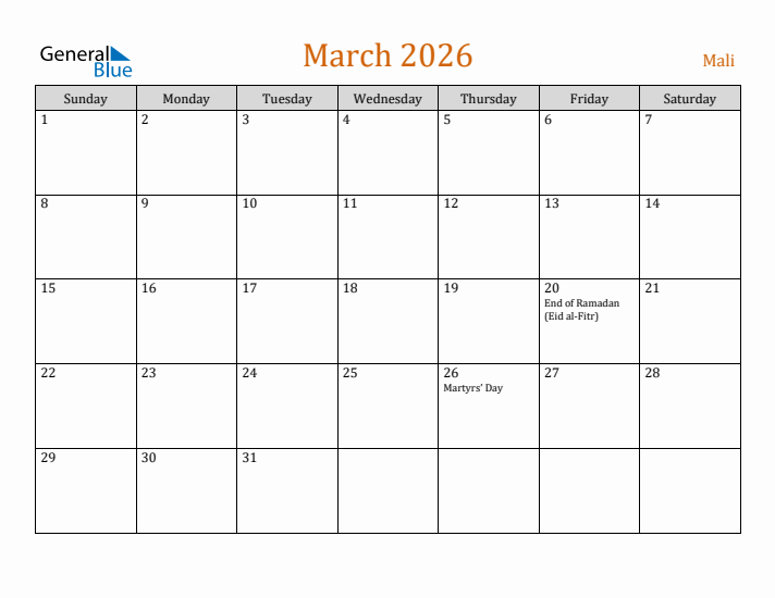 March 2026 Holiday Calendar with Sunday Start