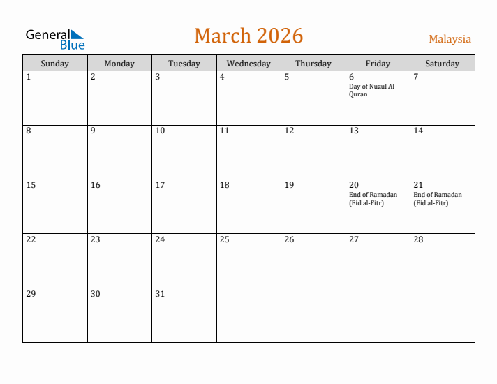 March 2026 Holiday Calendar with Sunday Start