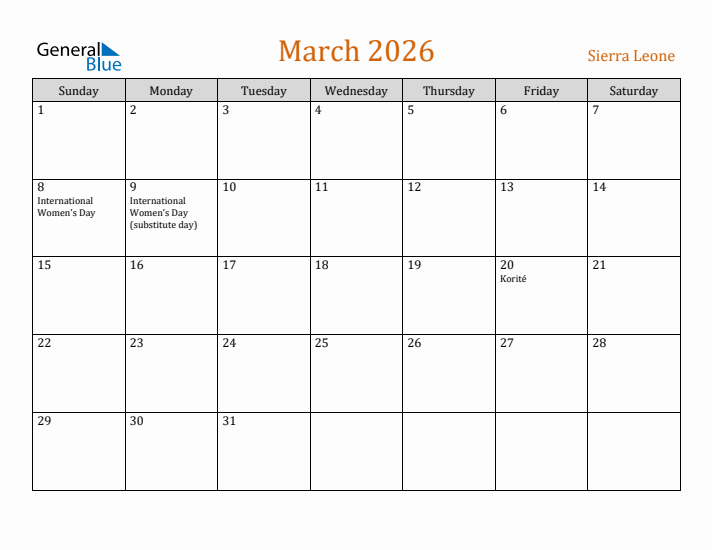 March 2026 Holiday Calendar with Sunday Start