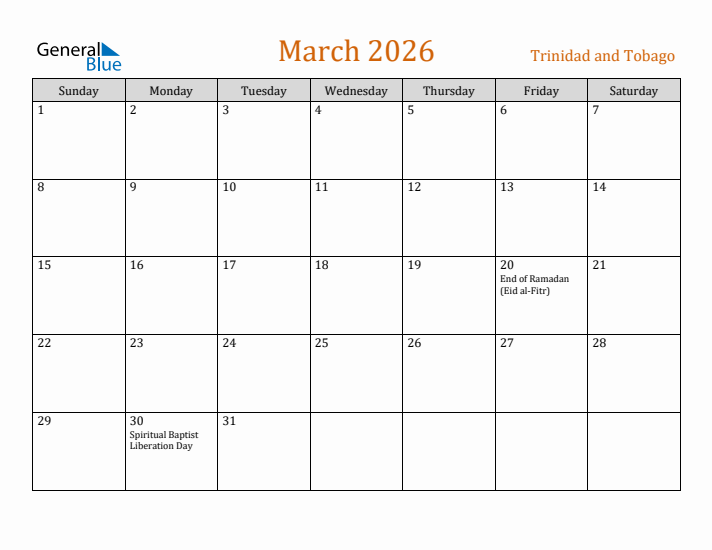 March 2026 Holiday Calendar with Sunday Start