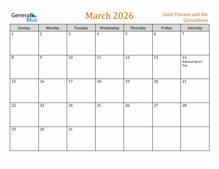 March 2026 Holiday Calendar with Sunday Start