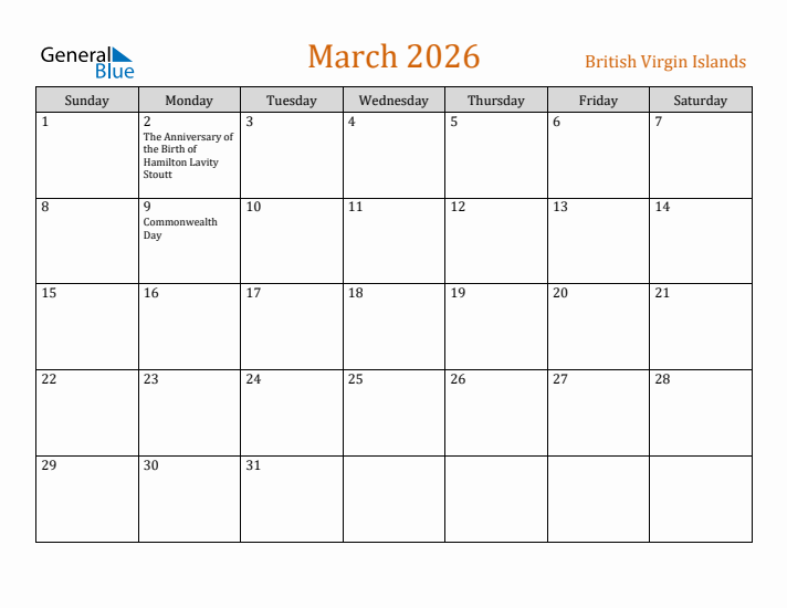 March 2026 Holiday Calendar with Sunday Start