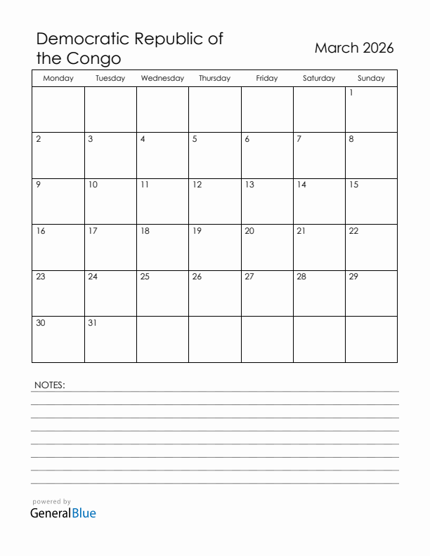 March 2026 Democratic Republic of the Congo Calendar with Holidays (Monday Start)