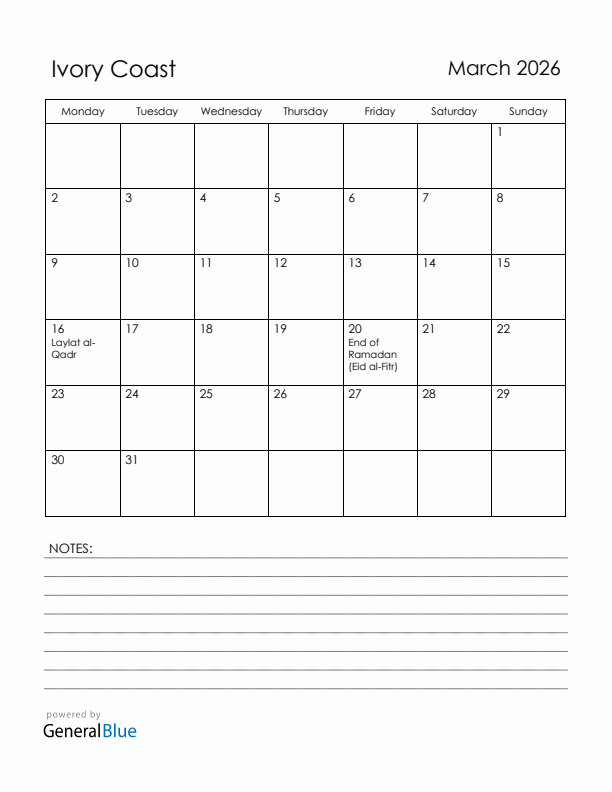 March 2026 Ivory Coast Calendar with Holidays (Monday Start)