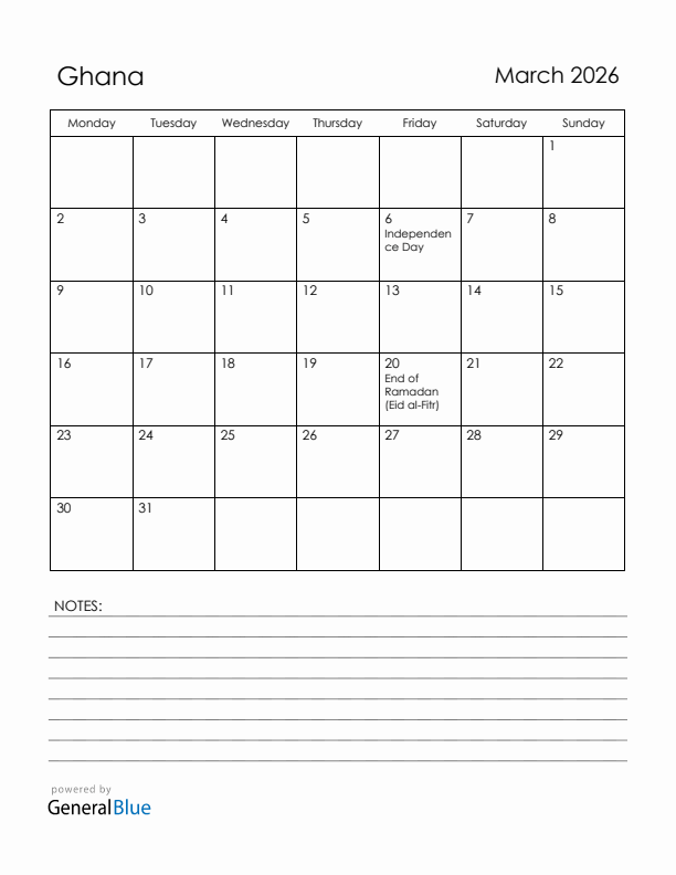 March 2026 Ghana Calendar with Holidays (Monday Start)