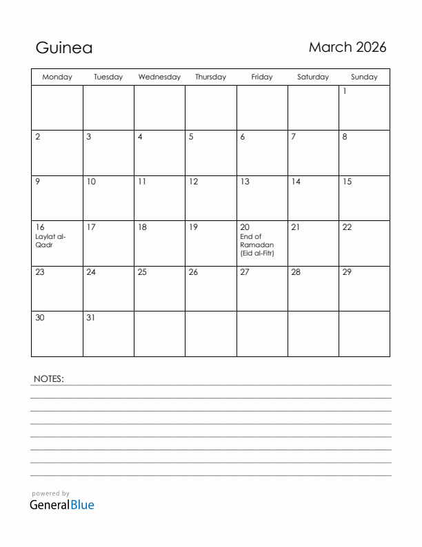 March 2026 Guinea Calendar with Holidays (Monday Start)