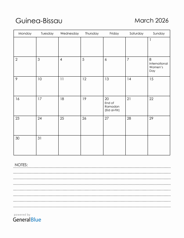 March 2026 Guinea-Bissau Calendar with Holidays (Monday Start)