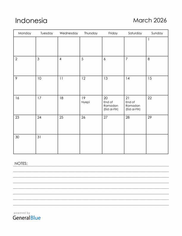 March 2026 Indonesia Calendar with Holidays (Monday Start)